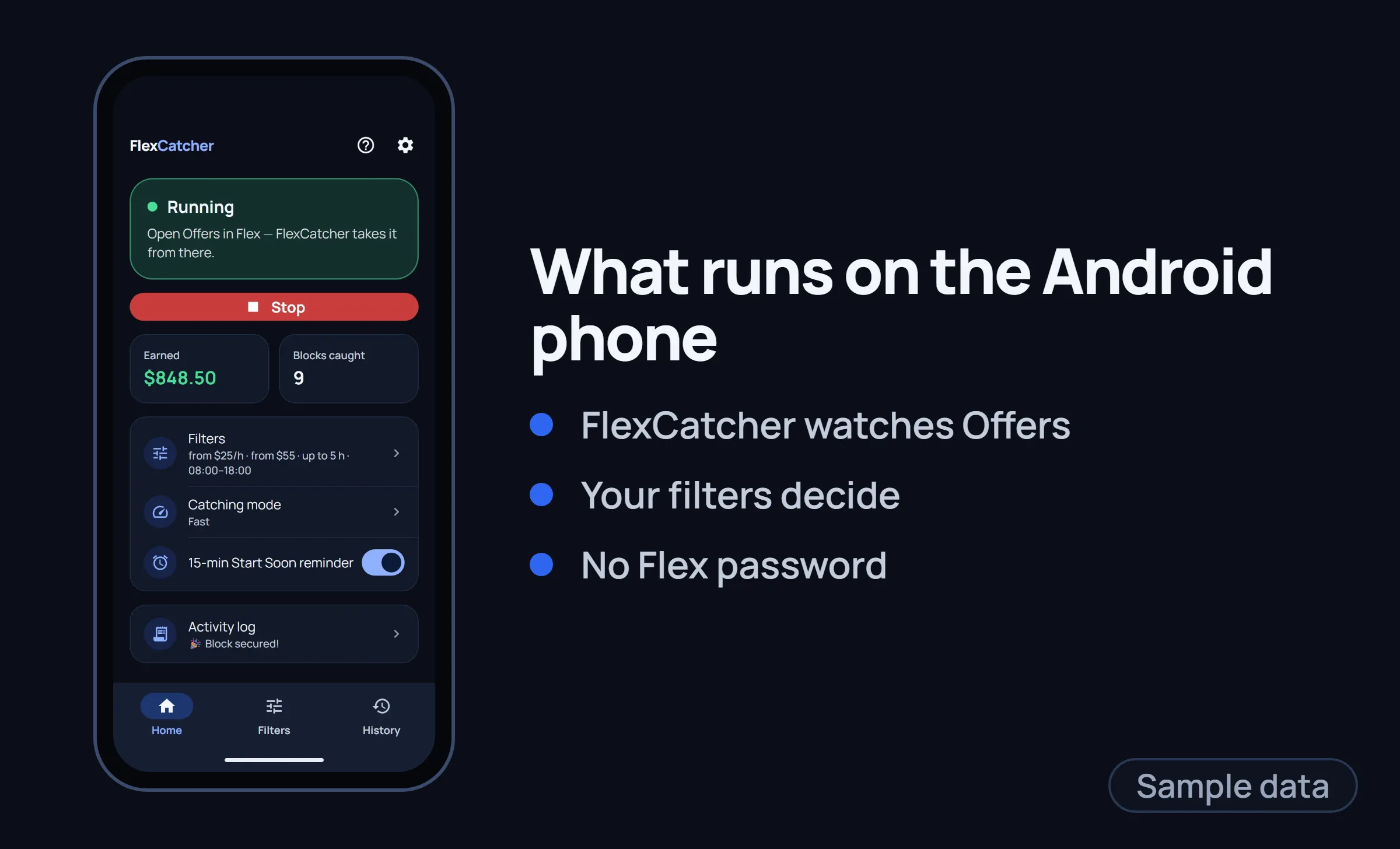 FlexCatcher home screen on an Android phone.