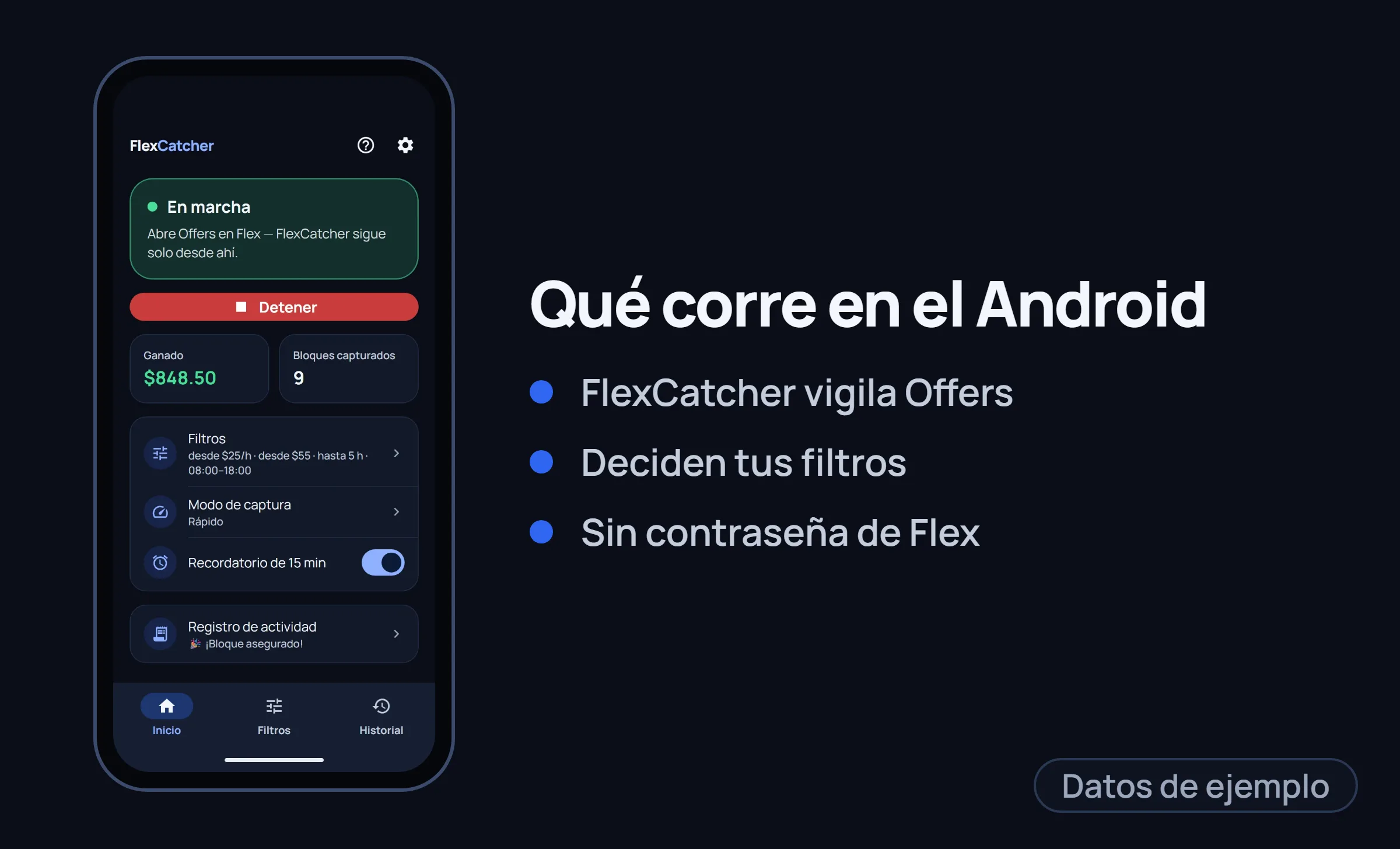 Pantalla principal de FlexCatcher en un teléfono Android.