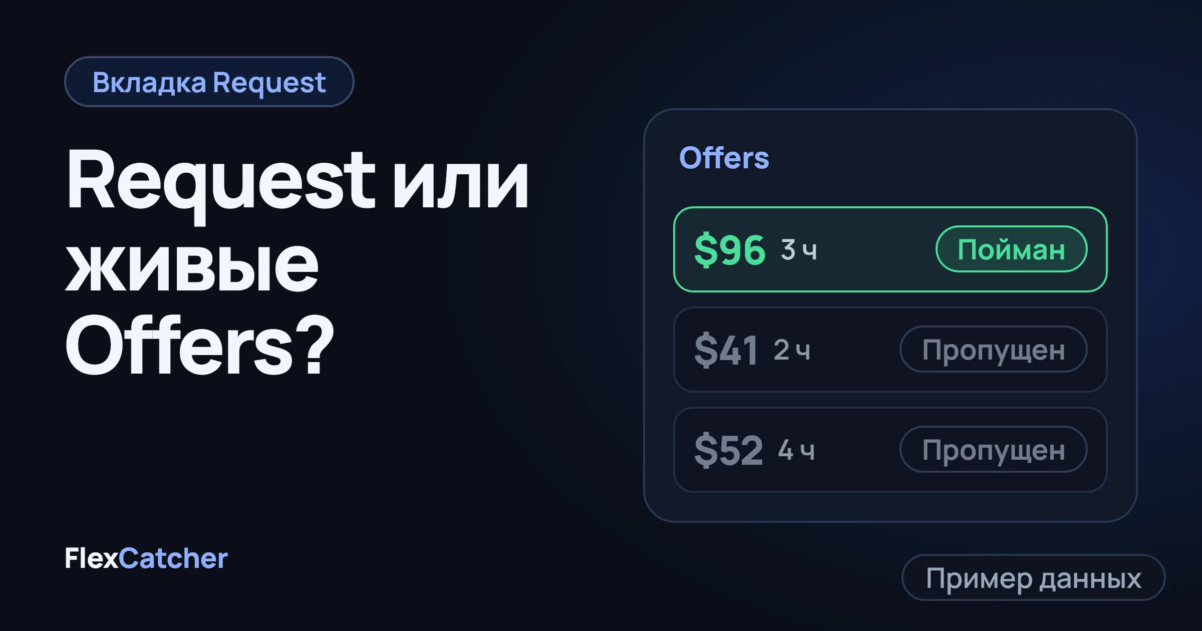Список из трёх офферов на экране Offers: один отмечен Caught, два Skipped.