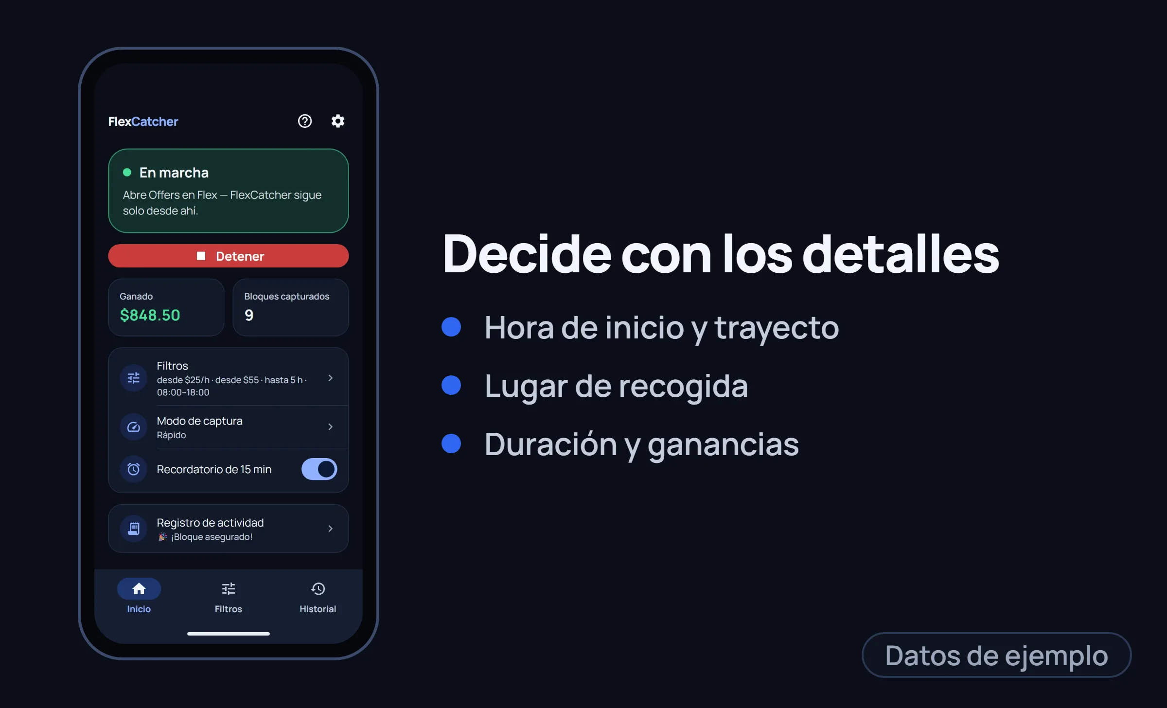 La pantalla principal de FlexCatcher en un marco de teléfono con tres puntos a la derecha.