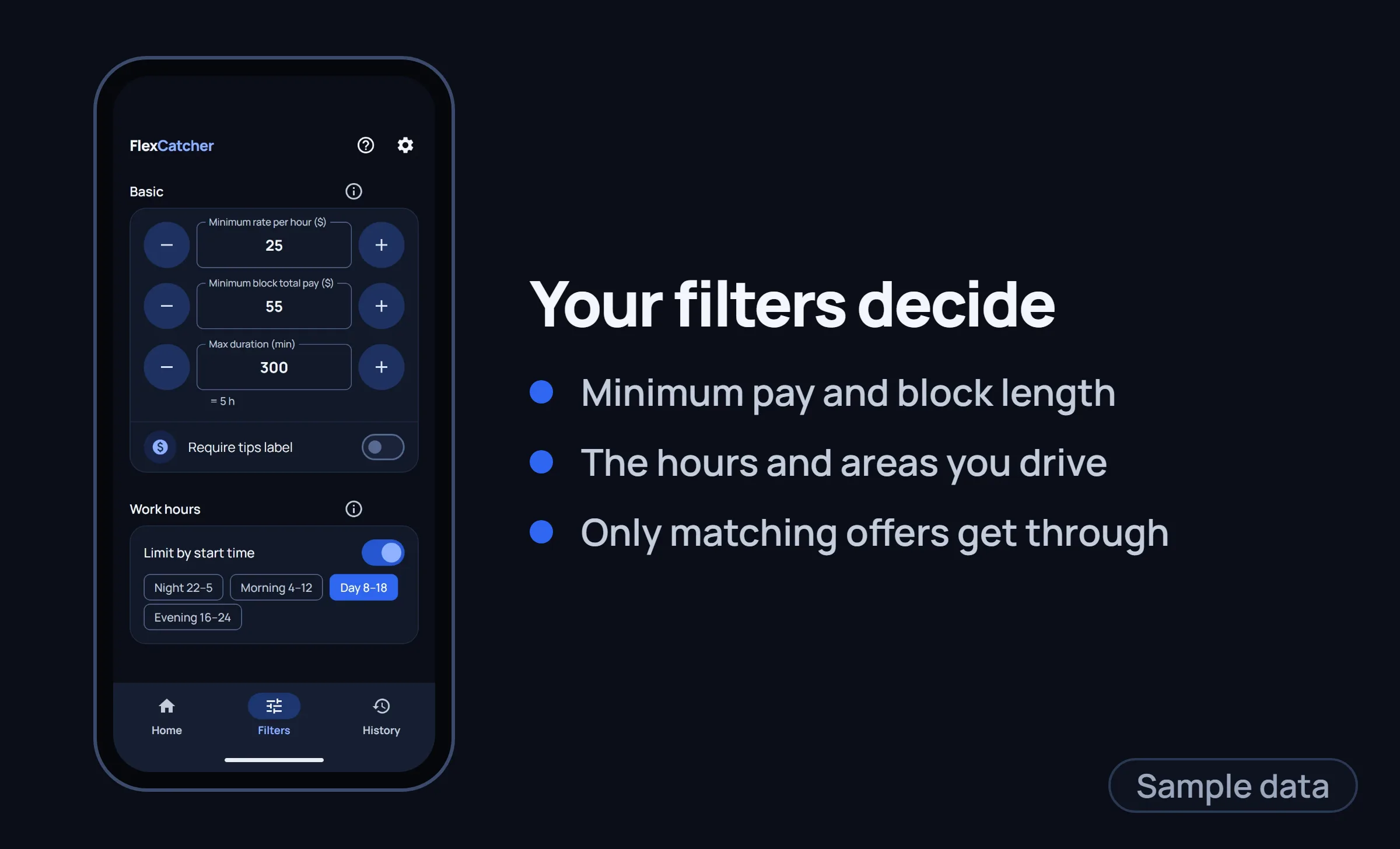 The FlexCatcher Filters screen in a phone frame with three short points.