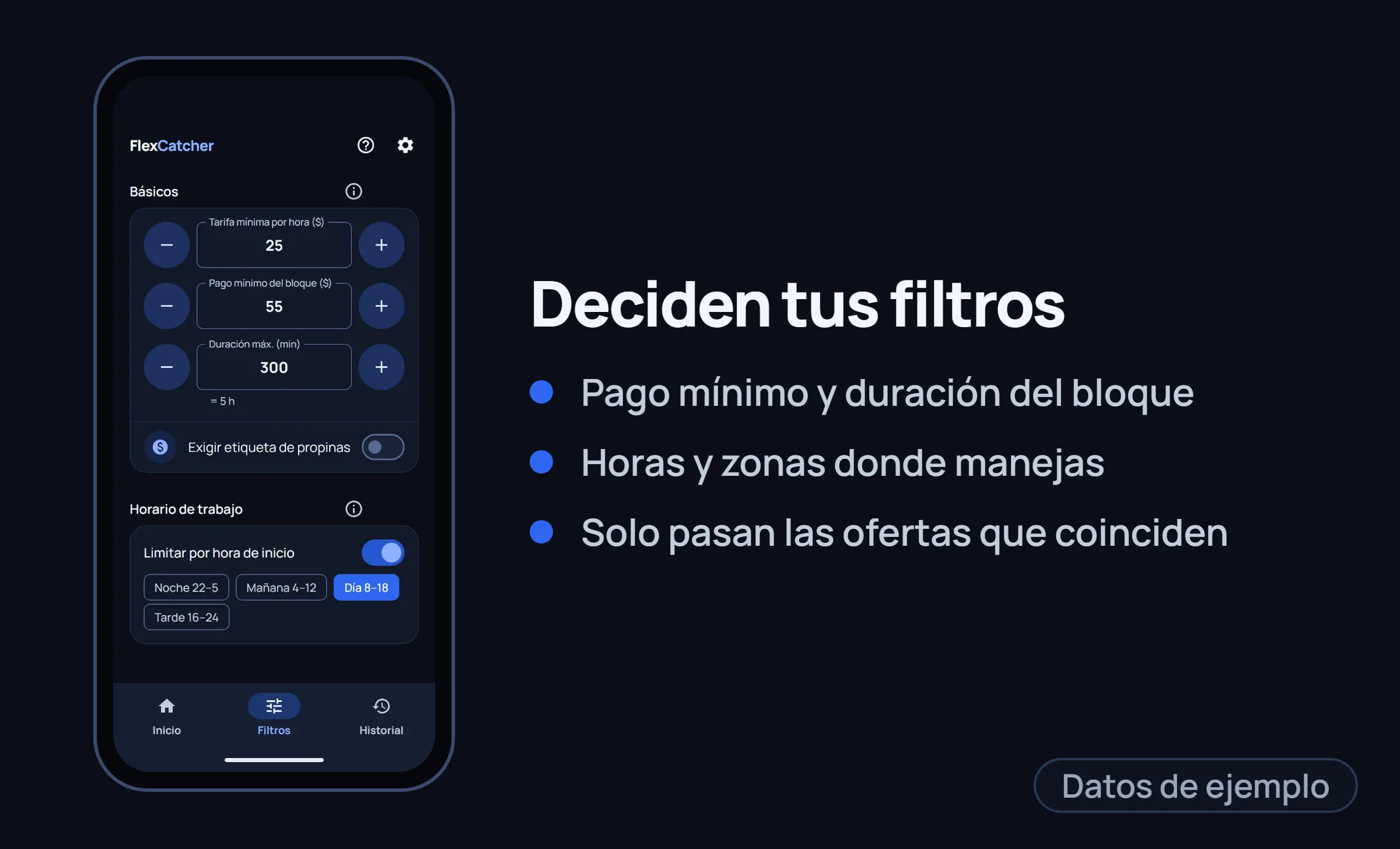 La pantalla Filters de FlexCatcher en un marco de teléfono con tres puntos.