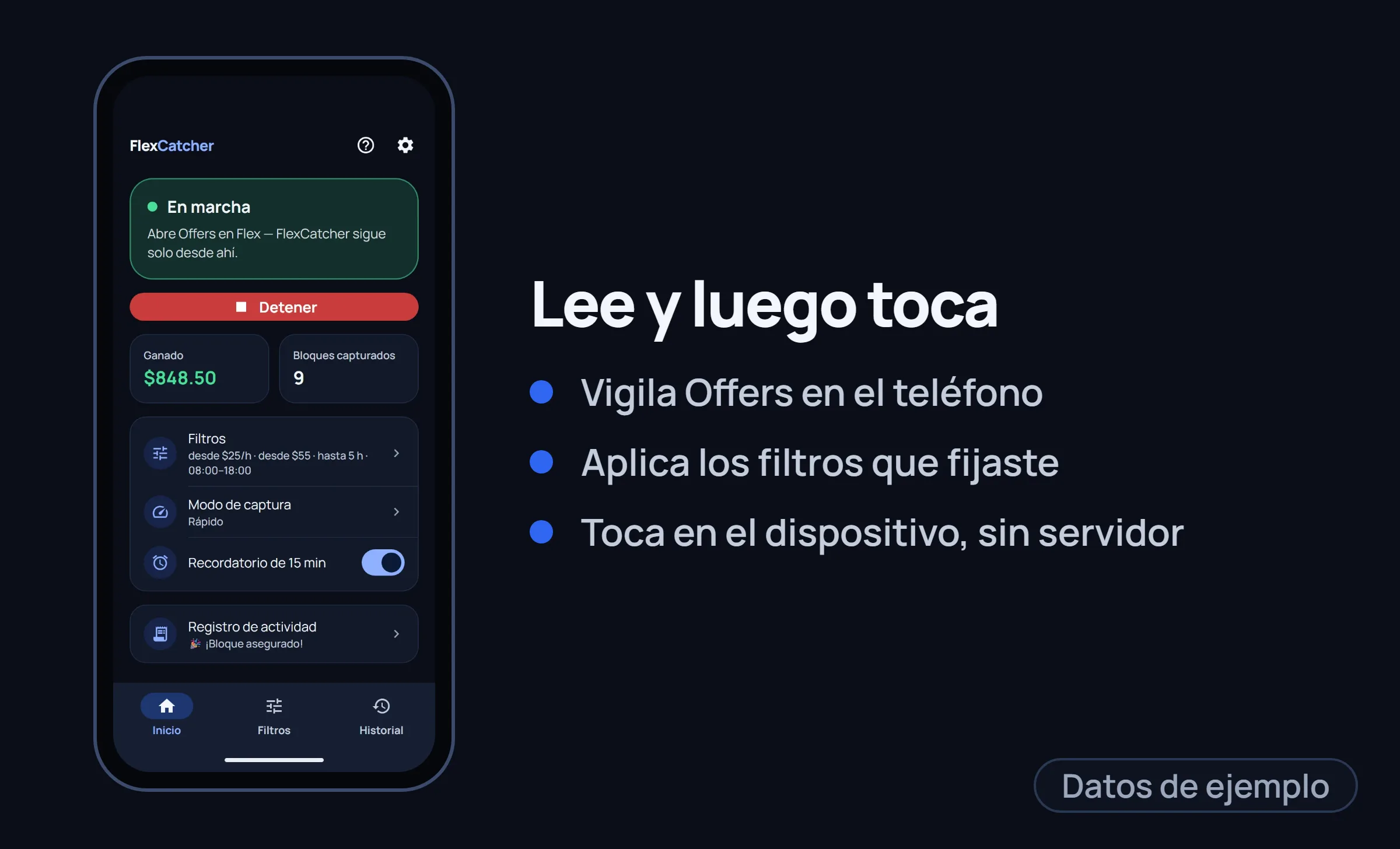 La pantalla principal de FlexCatcher en un marco de teléfono con tres puntos a la derecha.