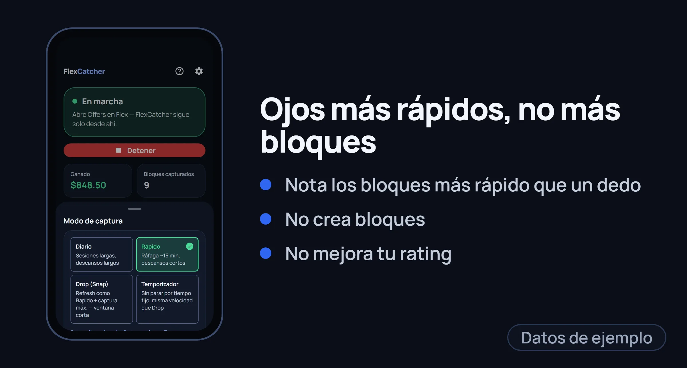 La pantalla del modo de captura de FlexCatcher en un marco de teléfono con tres puntos.